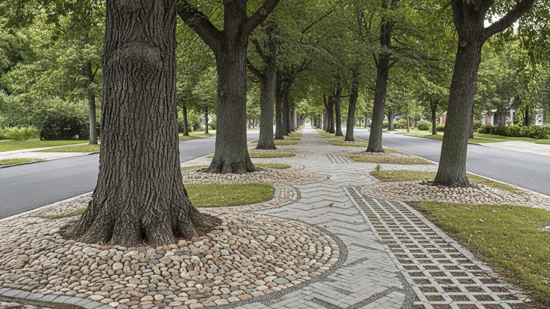 a beautiful sidewalk paving idea designed to address large tree roots growing beneath